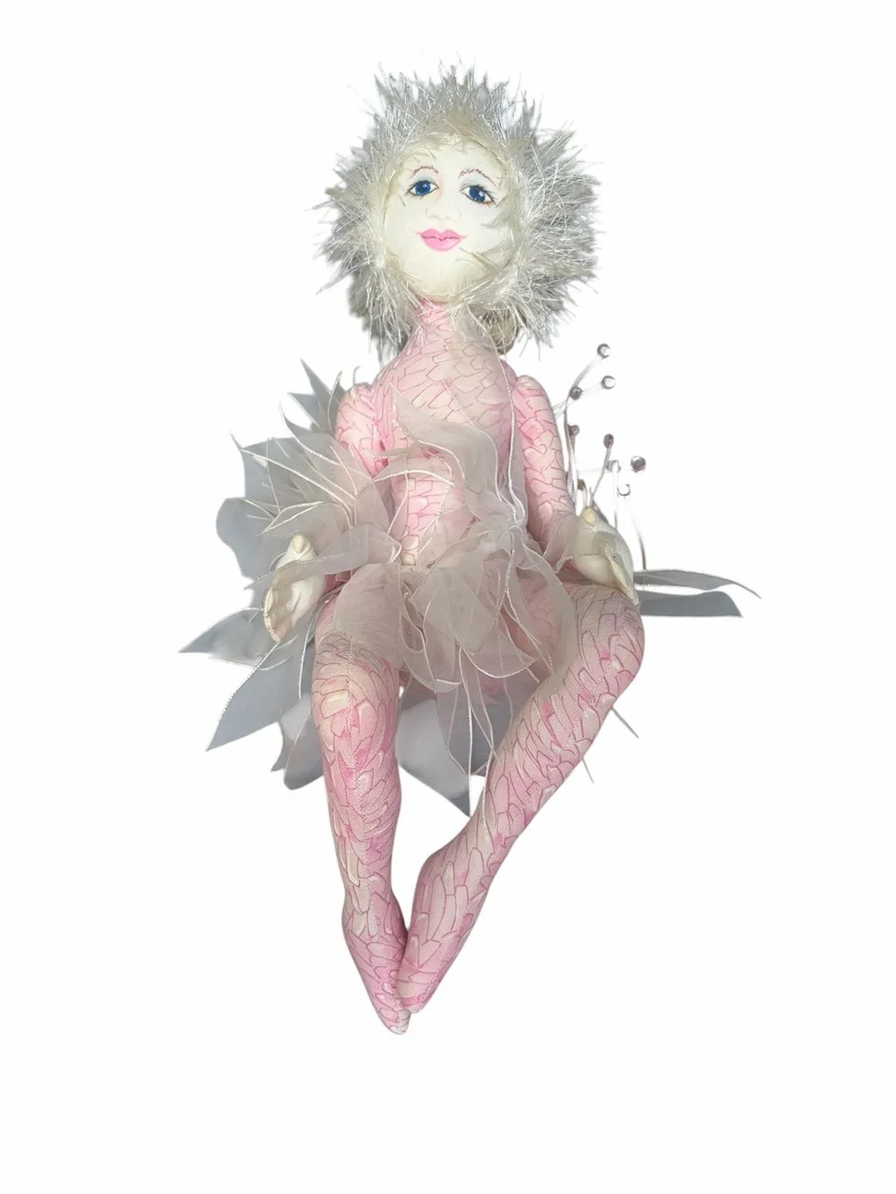 Fairy Art Doll White Hair Pink Fabric Collectible Shelf Sitter